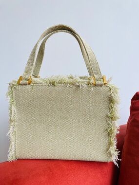 Rena Lange Cream and Pale Green Fringed Top-Handle Tote